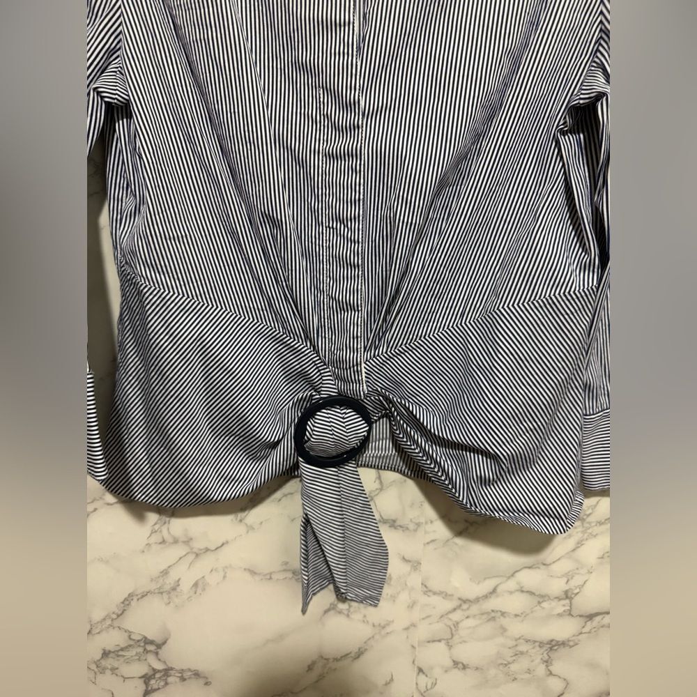 Lafayette 148 New York Navy and White Narrow-Stripe Button Shirt - Picture 4 of 8